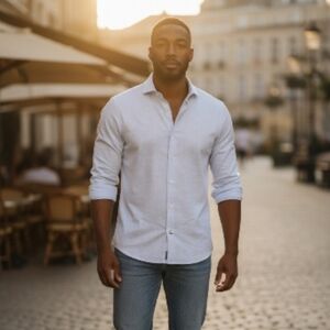 EUC ​David Donahue Trim Fit Micro Check Blue Dress Shirt 15.5 32/33 Quiet Luxury